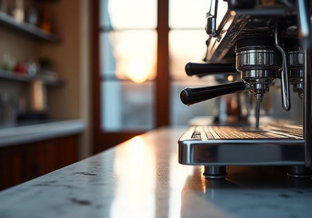 Close up of a professional coffee machine and clean countertop at Liffey Rapids Cafe